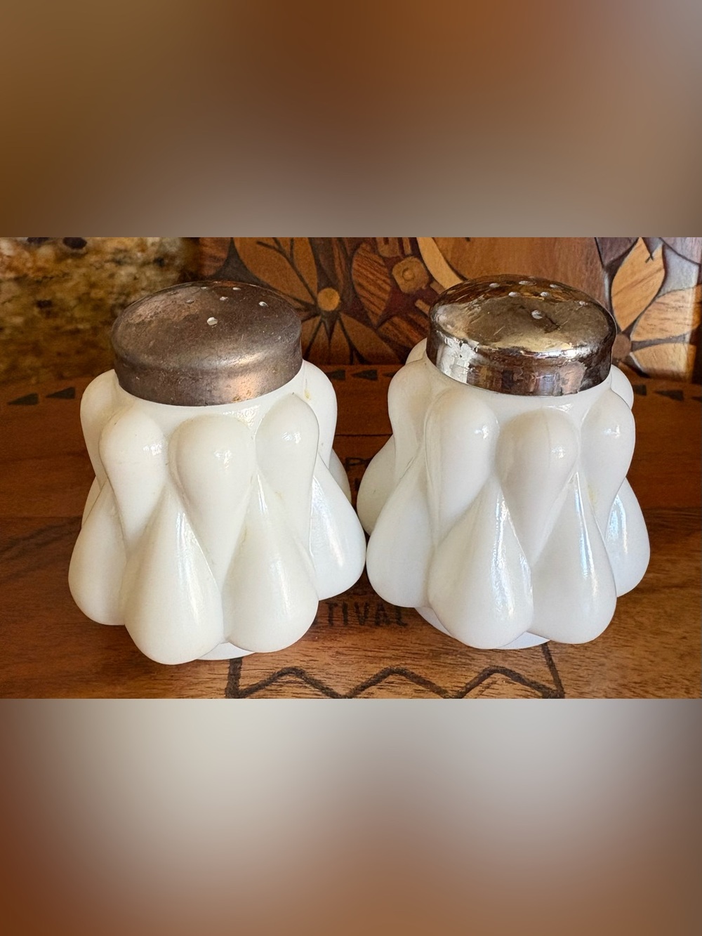 Fenton White Milk Glass Salt and Pepper Shakers with Silver Tops